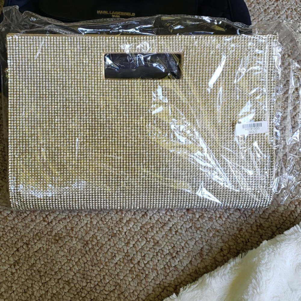 NWT Large Rhinestone clutch purse with gold lining
